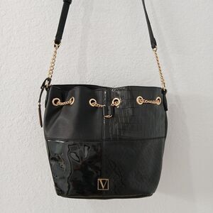 NEW Victoria's Secret Black Crossbody Bag Purse Adjustable Gold Accents #P1